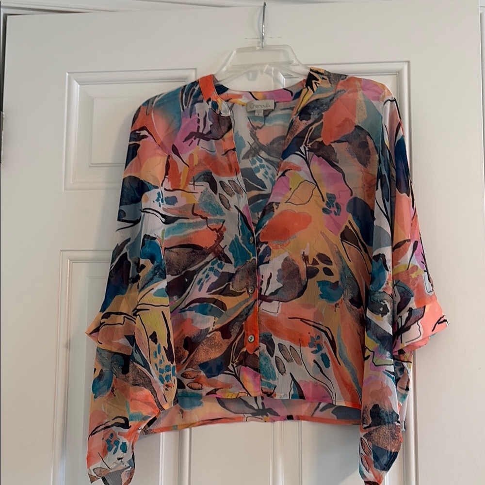 Boho Watercolor Printed Button-Front Blouse - Multicolor
